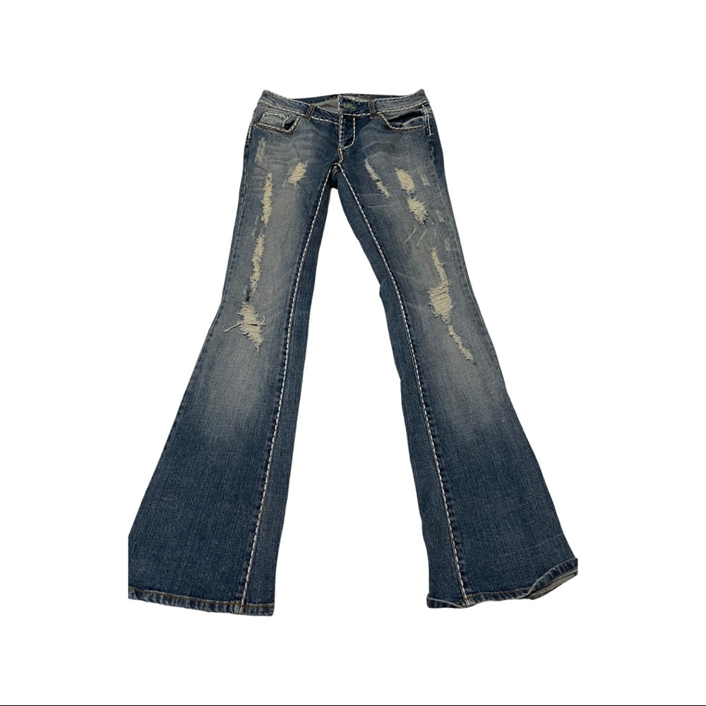 Women Cello Jeans; Bootcut Distressed Blue Jeans.